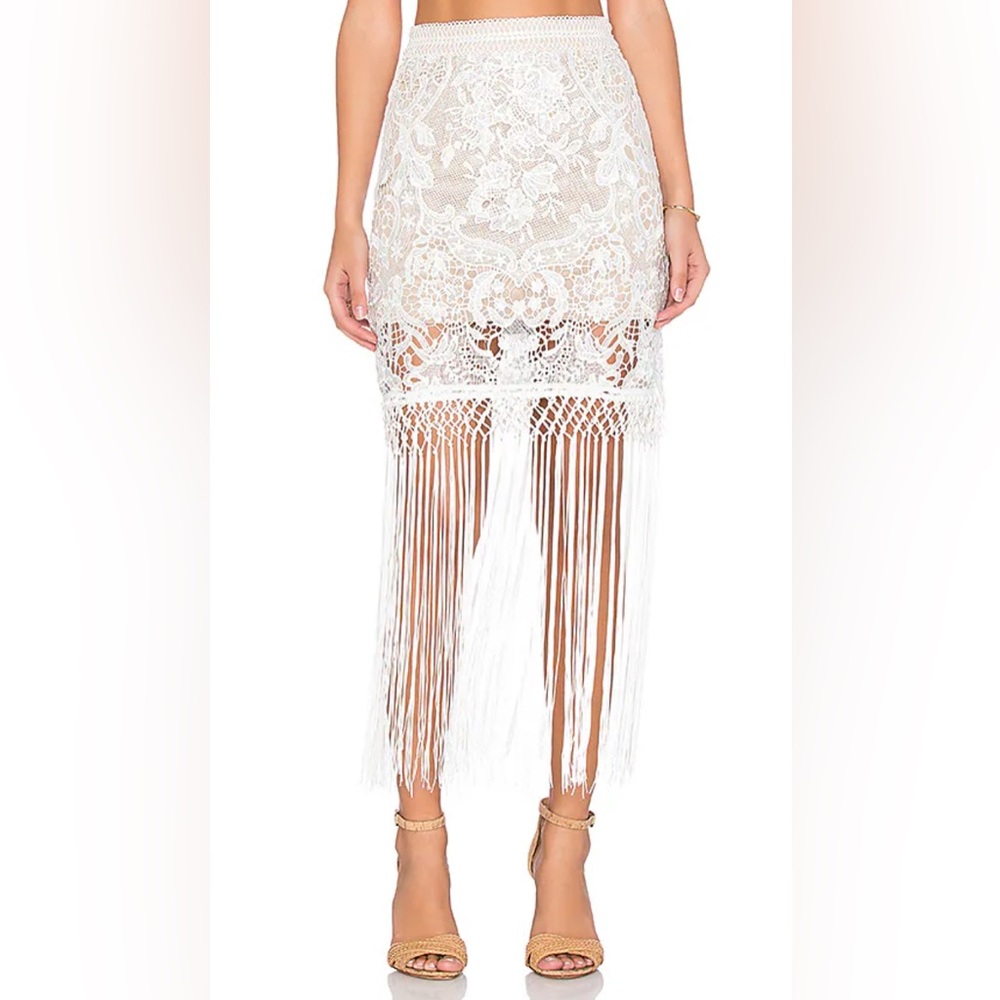 Self-Portrait Size 2 Looped Fringe Bohemian Skirt in ivory guipure lace